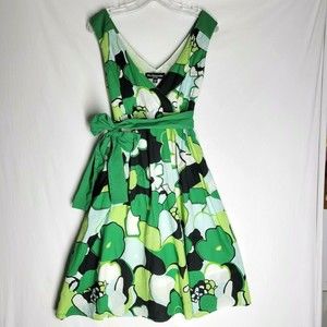 Mix Nouveau Sleeveless Dress Green Black Floral Print Belt Lined Size Medium